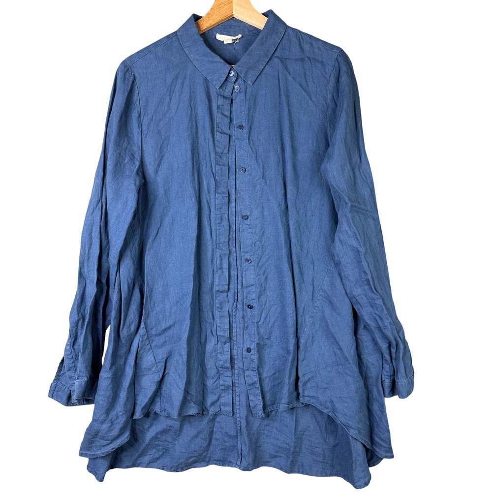 Eileen Fisher Organic Irish Linen Ruffle Front High Low Tunic Shirt Blue Medium
